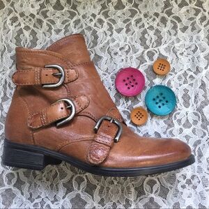 Miz Mooz Brown Ankle Booties with Polished Leather and Silver Buckles